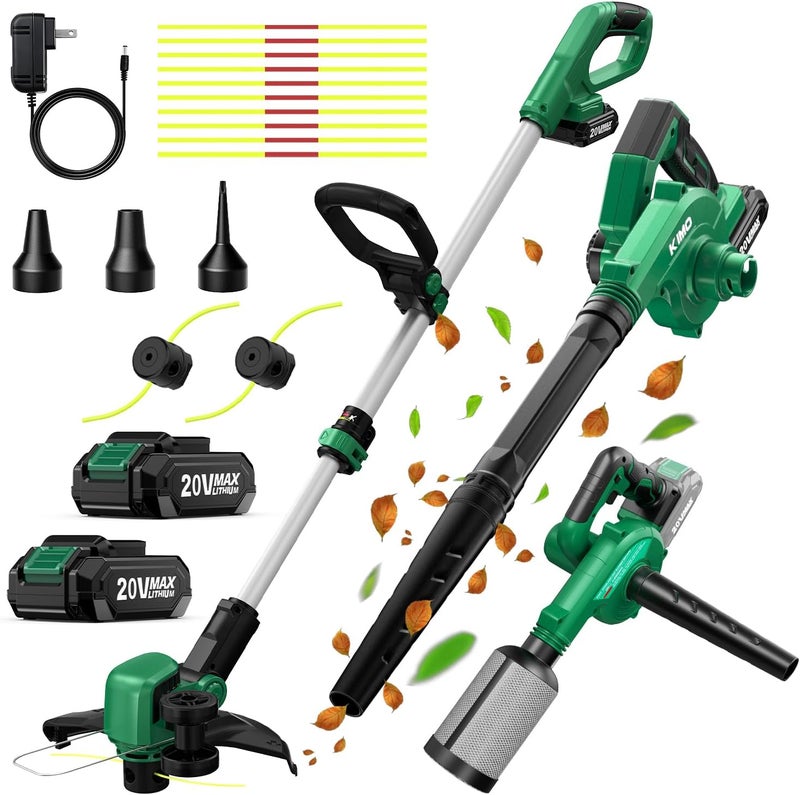 KIMO 20V Weed Wacker and Blower Combo w/2 x 2.0Ah Battery & Charger, 12 Inch String Trimmer w/10Pcs Cutting Lines, 4-in-1 Leaf Blower Cordless w/Vacuum, 3 Nozzles & 20" Extended Tube for Yard, Garden - Image 1